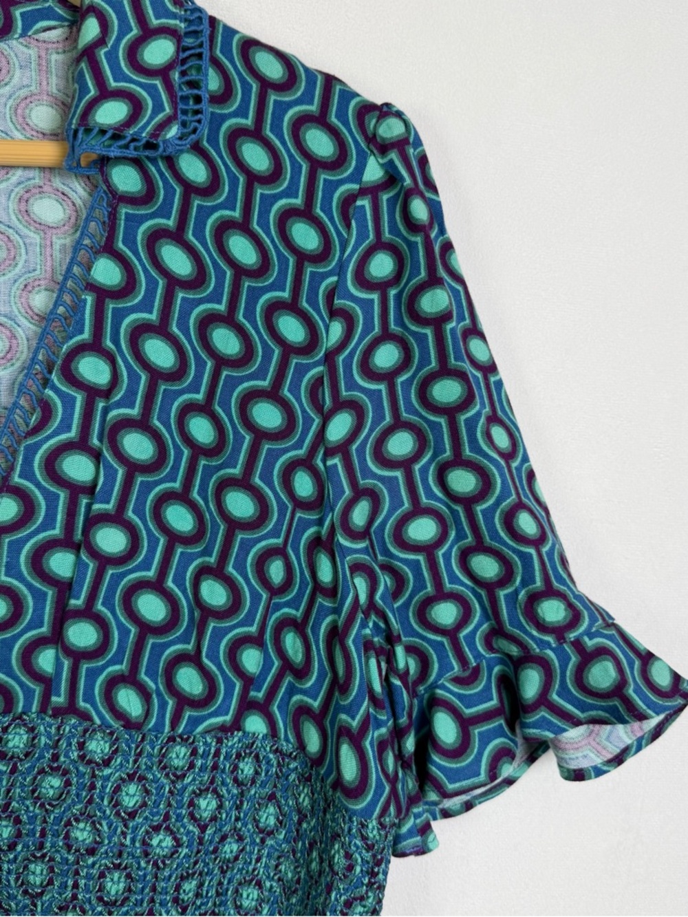 Urban Outfitters Women’s Blue Geometric Print Smocked Dress Boho Retro Y2K Sz L - Picture 5 of 12